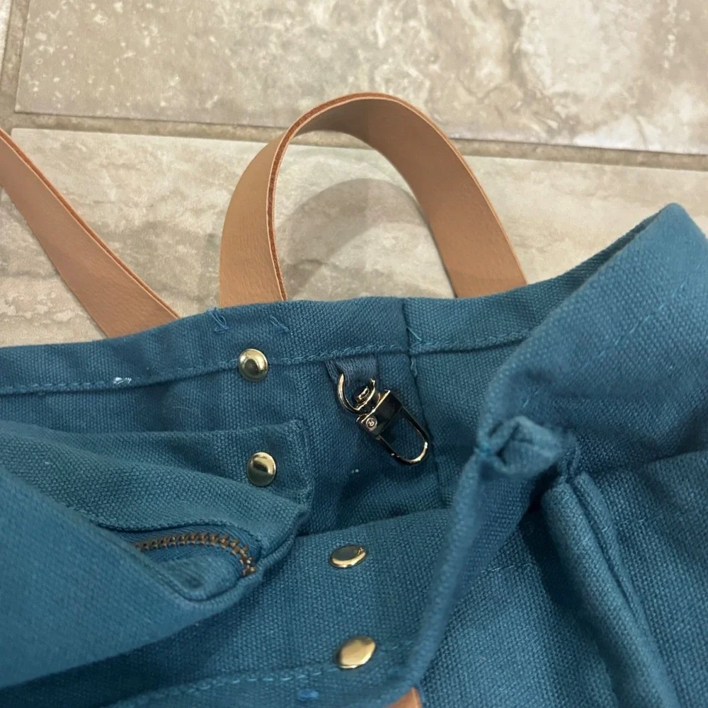 FEED Market Tote Bag Teal Blue Canvas Tan Straps Provides 3 Meals Grocery Bag